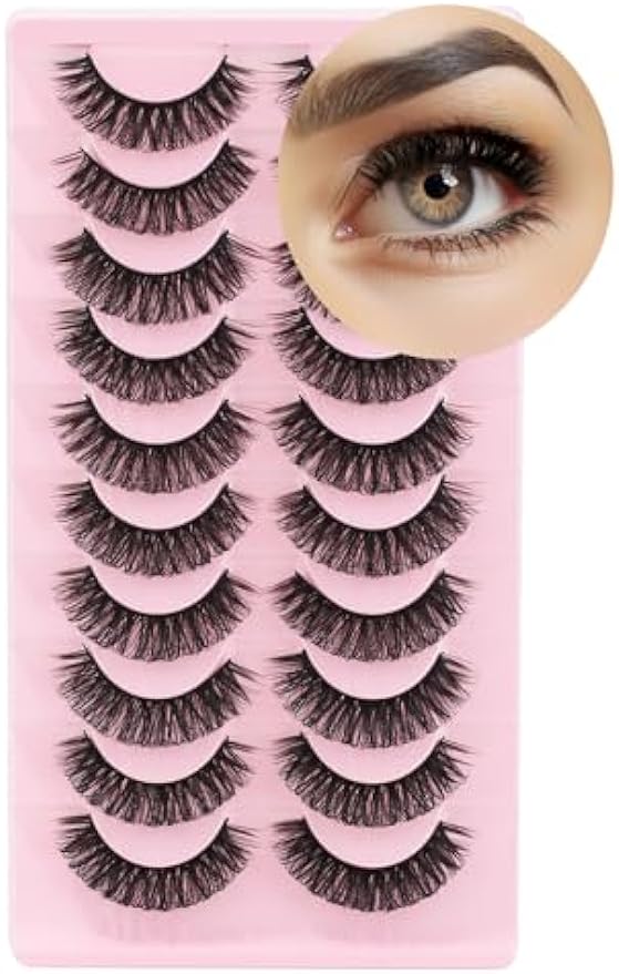 HOOHEO Russian Strip Lashes Mink D Curl Wispy Fluffy False Eyelashes Natural Thick Volume Faux Mink Eye Lashes Pack Reusable Handmade Like Fake Lashes Extension 10 Pairs