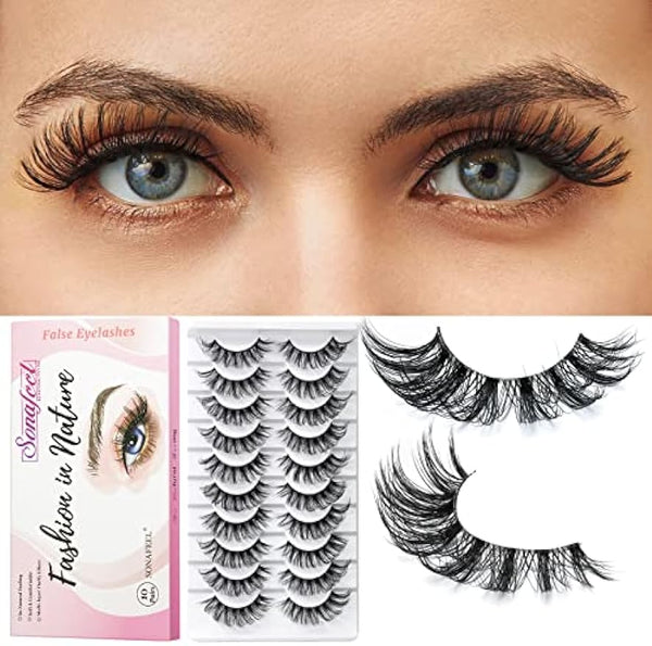 HOOHEO Eyelashes Clear Band Russian Strip Lashes Like Extensions D Curl 16mm 10Pairs Wispy Mink Lashes Pack Reusable Cat Eye False Eyelashes