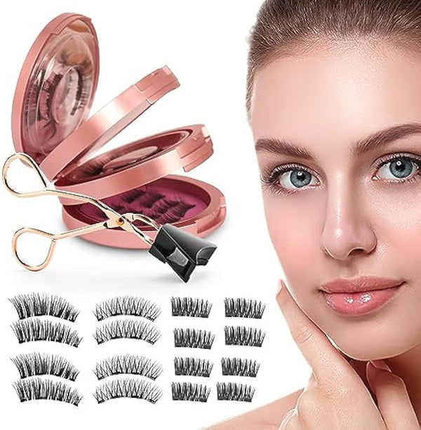 HOOHEO Magnetic Eyelashes, Magnetic Lashes Reusable Upgraded Dual 3D 5D False Eyelashes Extension Kit with Applicator Tweezers, Without Eyeliner, Easy to Wear, No Glue Needed - Pink 3 Layers