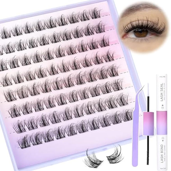 HOOHEO Lash Clusters Kit Manga Lashes Fluffy Lash Extension Kit Natural Lashes Clear Band with Lash Bond and Seal Individual Lashes Kit 14MM Short Manga Cluster Lashes with Lash Tweezers Lash Kit