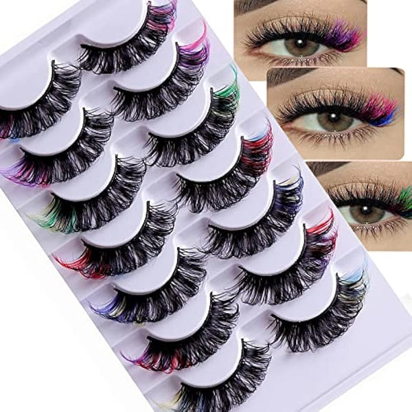 HOOHEO Colored Eyelashes Fluffy Eye Lashes with Color, Colorful Russian Strip Lashes D Curl Lash Strips Look Like Colored Lash Extensions 5D Reusable Faux Mink eyelashes False Lashes Pack 7 Pairs