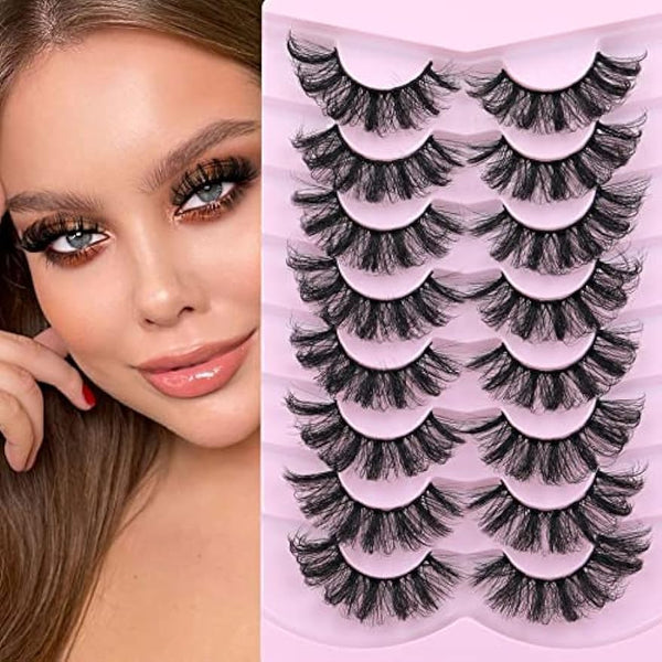 HOOHEO Russian Strip Lashes D Curl Fake Eyelashes Faux Mink False Lashes Strips Fluffy Wispy Dramatic Lash Pack 6D Look like Extensions