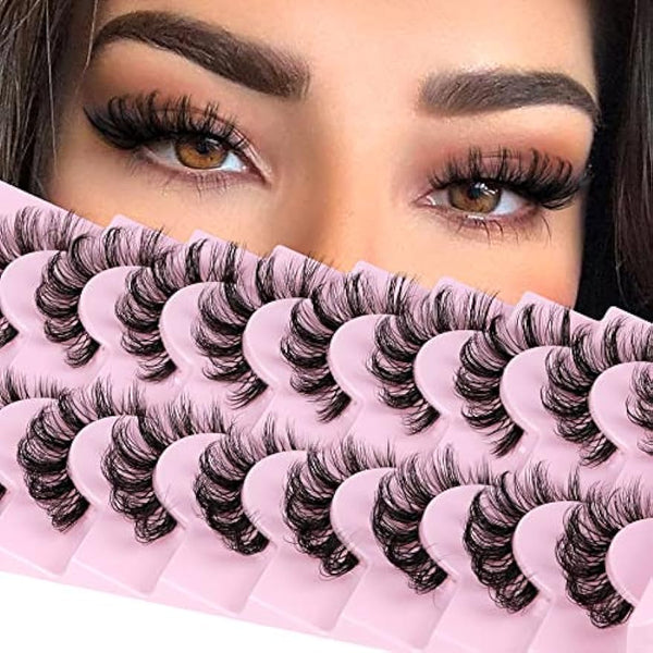 HOOHEO Russian Lashes Clear Band False Eyelashes Natural Look D Curl Curly Fake Lashes Russian Strip Faux Mink Eyelashes 9 Pairs Pack