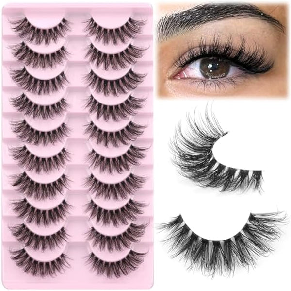HOOHEO Natural Lashes Clear Band Faux Mink Eyelashes Wispy Cat Eye Lashes Fluffy 16mm False Lashes That Look Like Extensions Strip Lashes Pack 10 Pairs