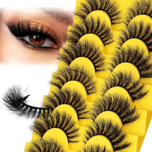 HOOHEO Fluffy False Eyelashes Dramatic Mink Lashes 15mm Volume Cat Eye Lashes 5D Handmade Soft Curly Strip Lashes That Look Like Extensions,7 Pairs Lashes Pack