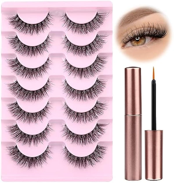 HOOHEO Natural Wispy Fluffy Lashes with Glue Cat Eyes Mink Lashes Clear Band Eyelashes with Glue Kit Russian Strip Lashes Natural Look False Eyelashes Extension Strip Lashes D Curly 7 Pairs Pack