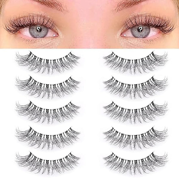 HOOHEO Cat Eye Lashes Wispy Natural Look, D Curl 10-18mm Clear Band 3D Natural False Eyelashes Multipack