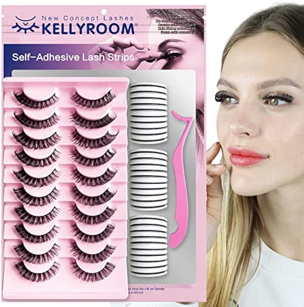 HOOHEO Russian Strip Volume Curl Lashes That Look Like Extensions 10 Pairs Pack with 30 Pcs Self-adhesive Lash Strips on Applicator, New Concept Natural Look No Glue Faux Mink False Eyelashes Set (Style 4)
