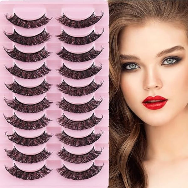HOOHEO Fake Eyelashes.10 Pairs Russian Strip Lashes Natural Look Faux Mink Lashes Full Wispy Lashes 17mm False Eyelashes that Look Like Extensions Thick Soft Curly Fake Lashes DD Curl