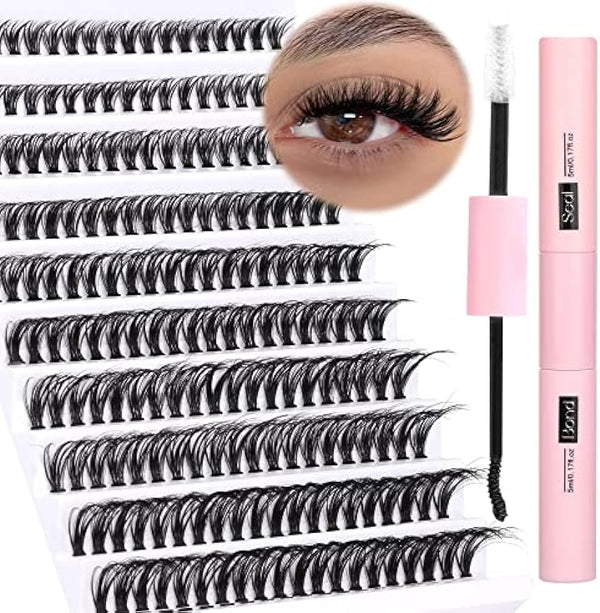 HOOHEO DIY Lash Extension Kit 200pcs Lash Clusters with Bond and Seal Individual Lashes Kit Cluster Lashes Wispy C D Curl False Eyelash Clusters