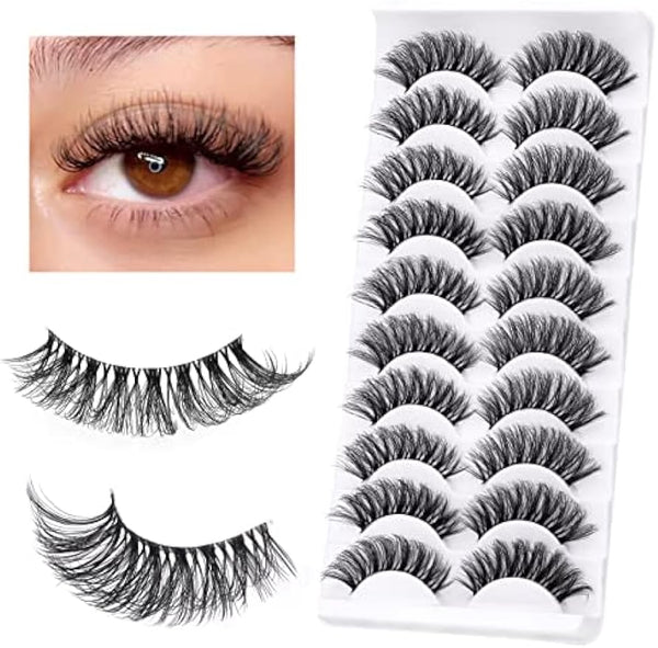 HOOHEO Russian Strip Lashes Cat Eye Lashes Fluffy Faux Mink Clear Band, Long Dramatic Strip Lashes that Look Like Extensions, False Eyelashes Kit-10 Pairs (TE-04)