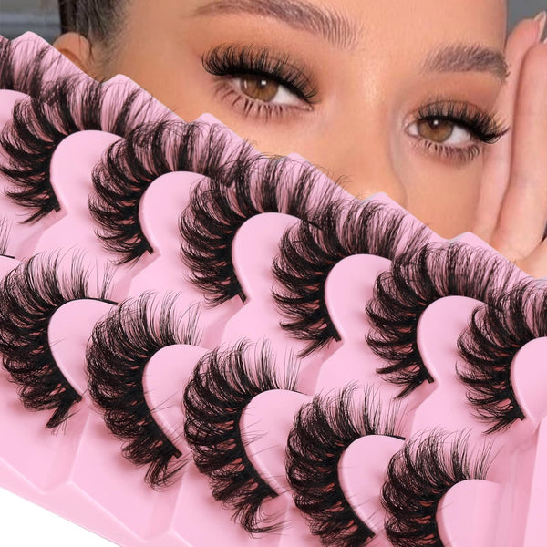HOOHEO Mink Lashes Fluffy Cat Eye Lashes Wispy 6D Volume False Eyelashes that Look Like Extensions Thick Soft Curly Fake Lashes 7 Pairs Pack